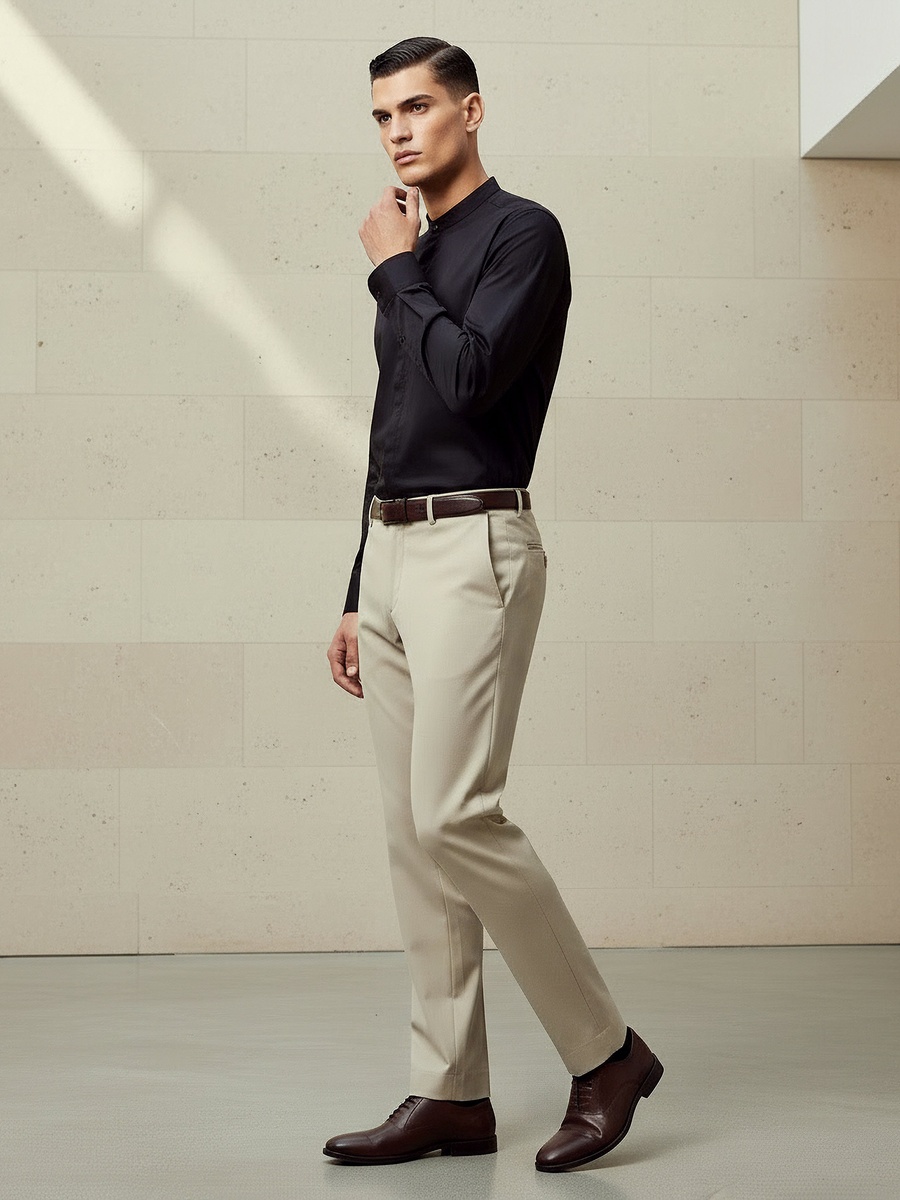 Men Regular Fit Mandarin Collar Long Sleeves Shirt