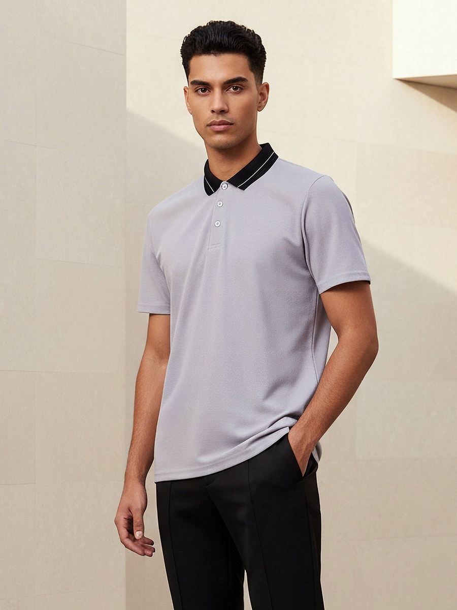 Men Short Sleeves Contrast Collar Polo T-Shirt