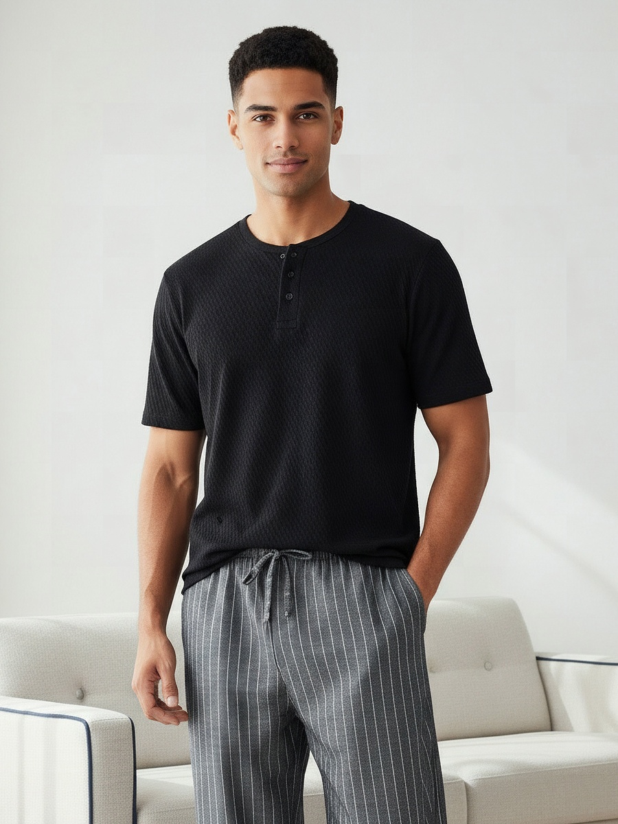 Men Cotton Striped Button Front Nightwear Set