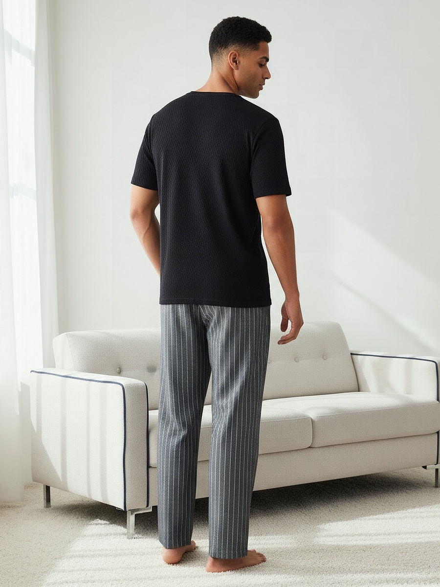 Men Cotton Striped Button Front Nightwear Set