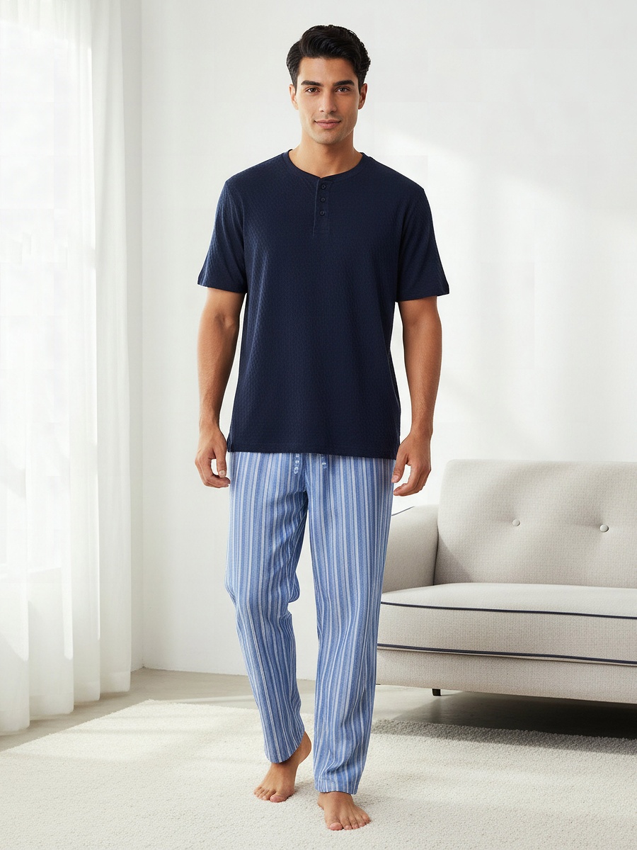 Men Cotton Striped Button Front Nightwear Set