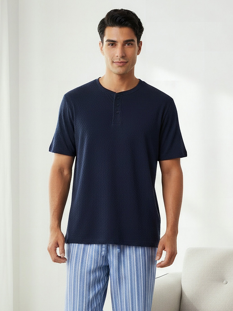 Men Cotton Striped Button Front Nightwear Set