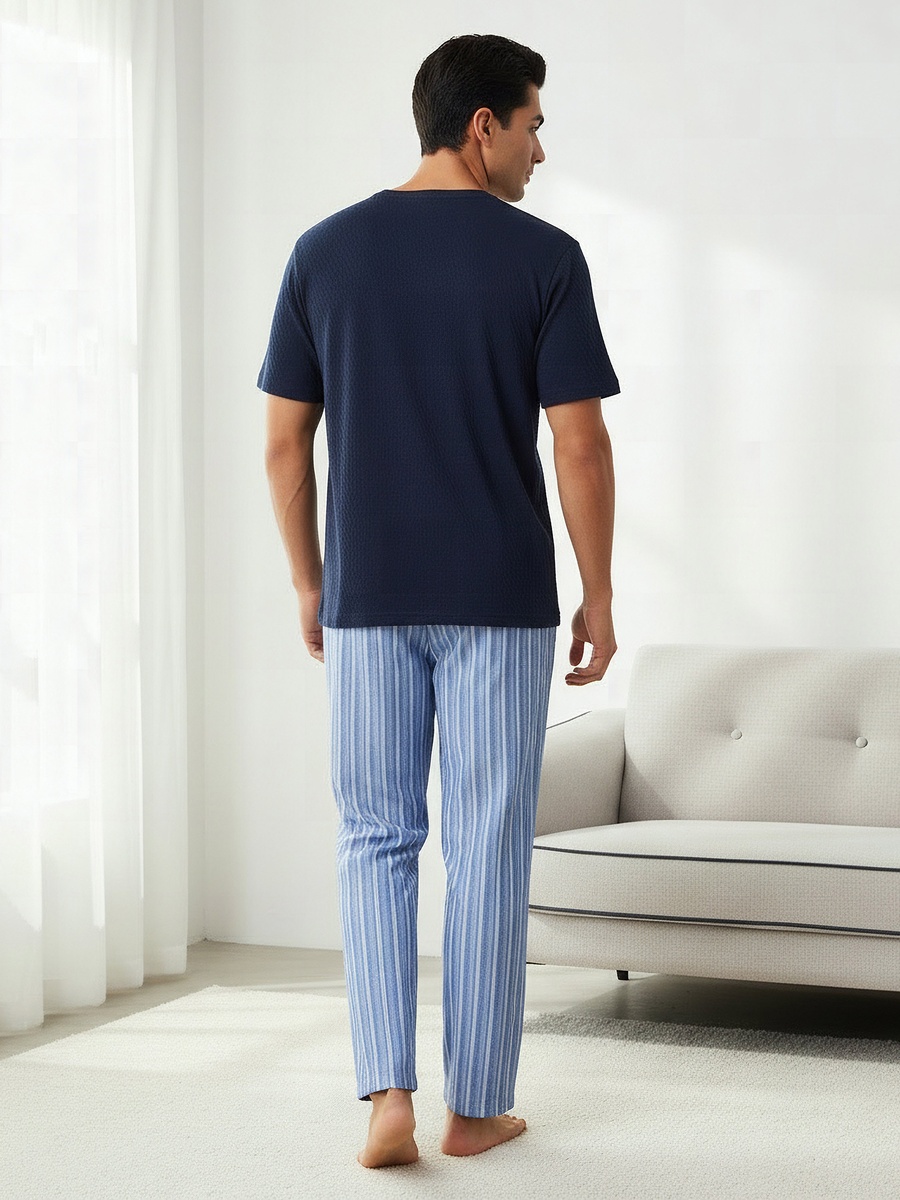 Men Cotton Striped Button Front Nightwear Set