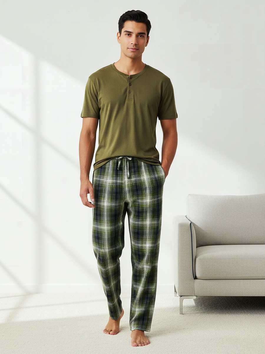 Men Cotton Checked Button Front Nightwear Set