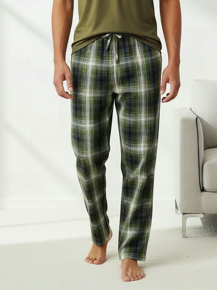 Men Cotton Checked Button Front Nightwear Set