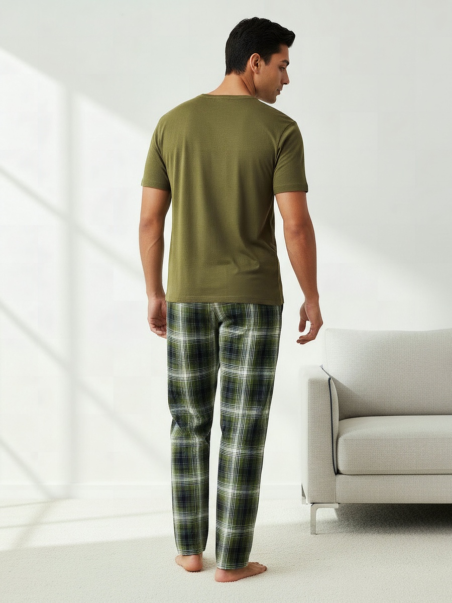 Men Cotton Checked Button Front Nightwear Set