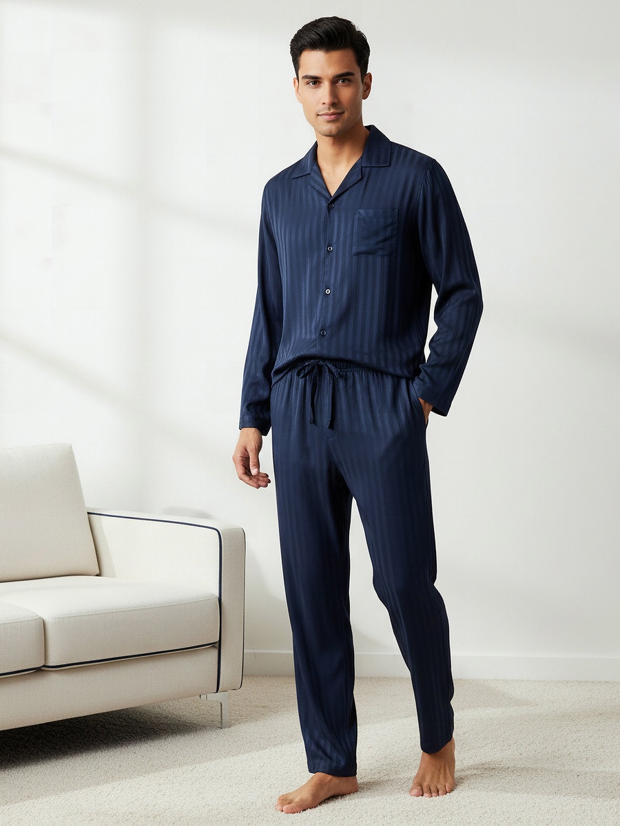 Men Modal Striped Button Front Nightwear Set