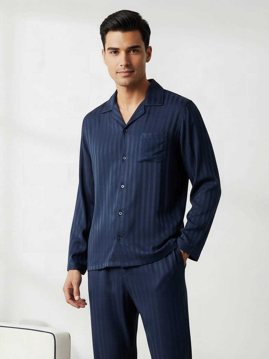 Men Modal Striped Button Front Nightwear Set