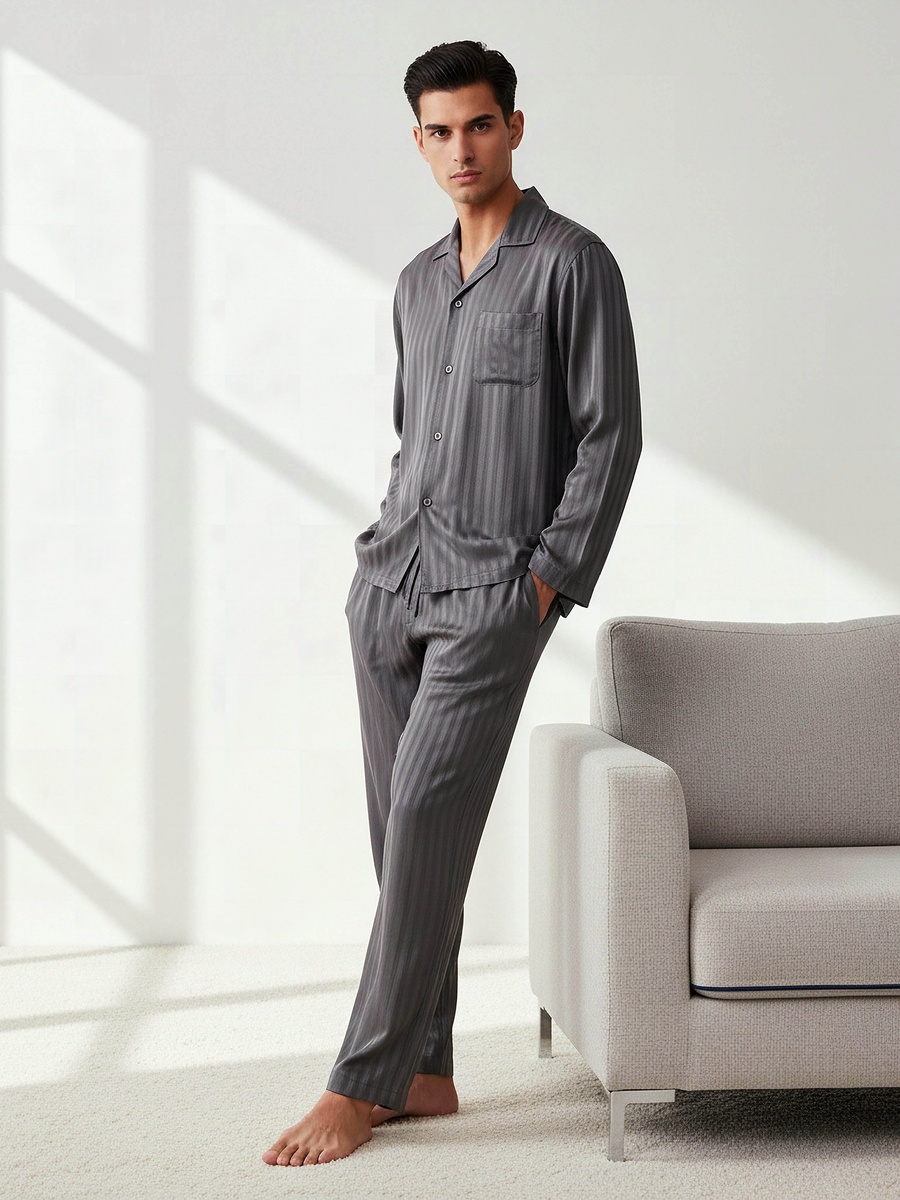 Men Modal Striped Button Front Nightwear Set