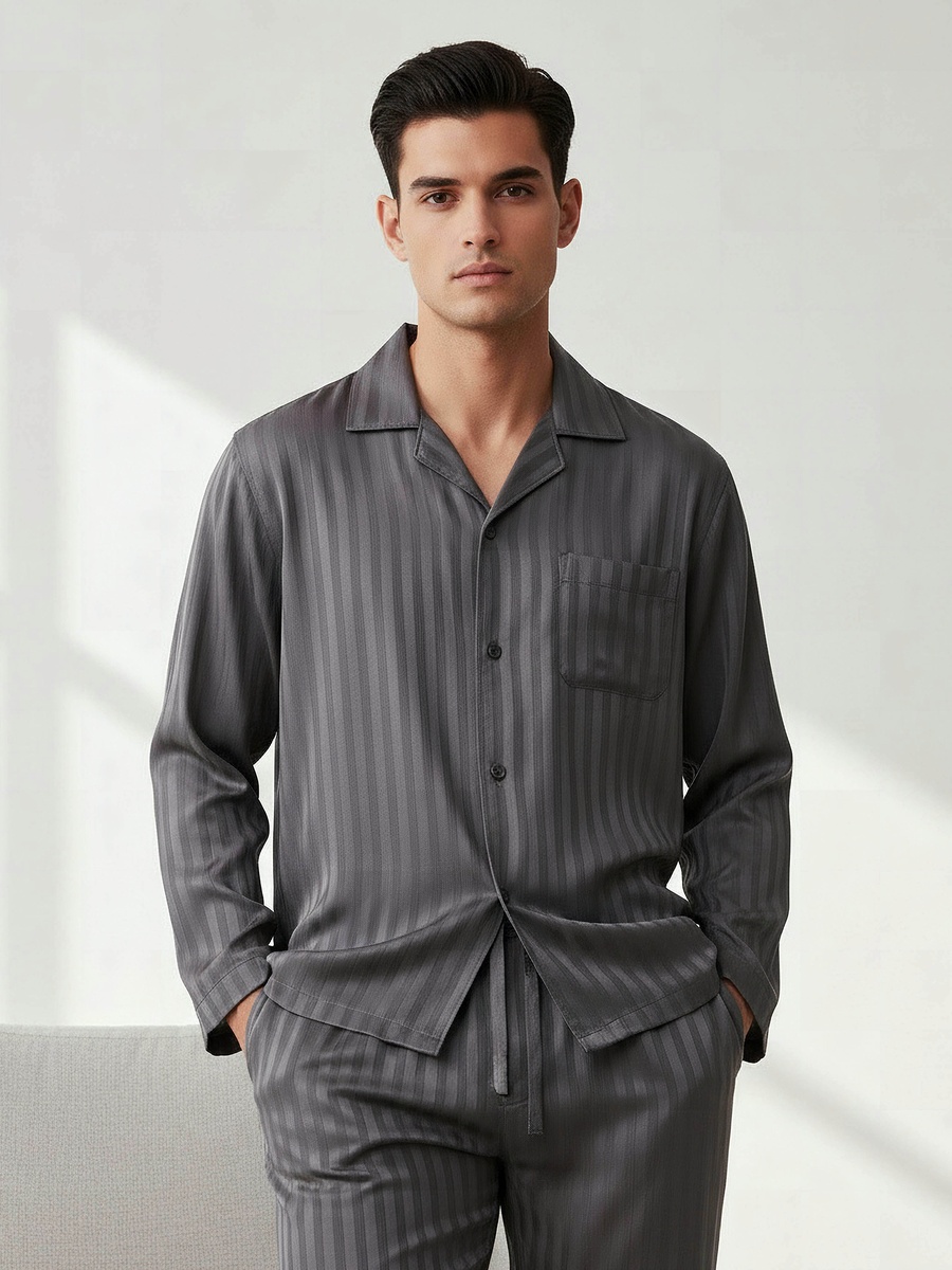 Men Modal Striped Button Front Nightwear Set