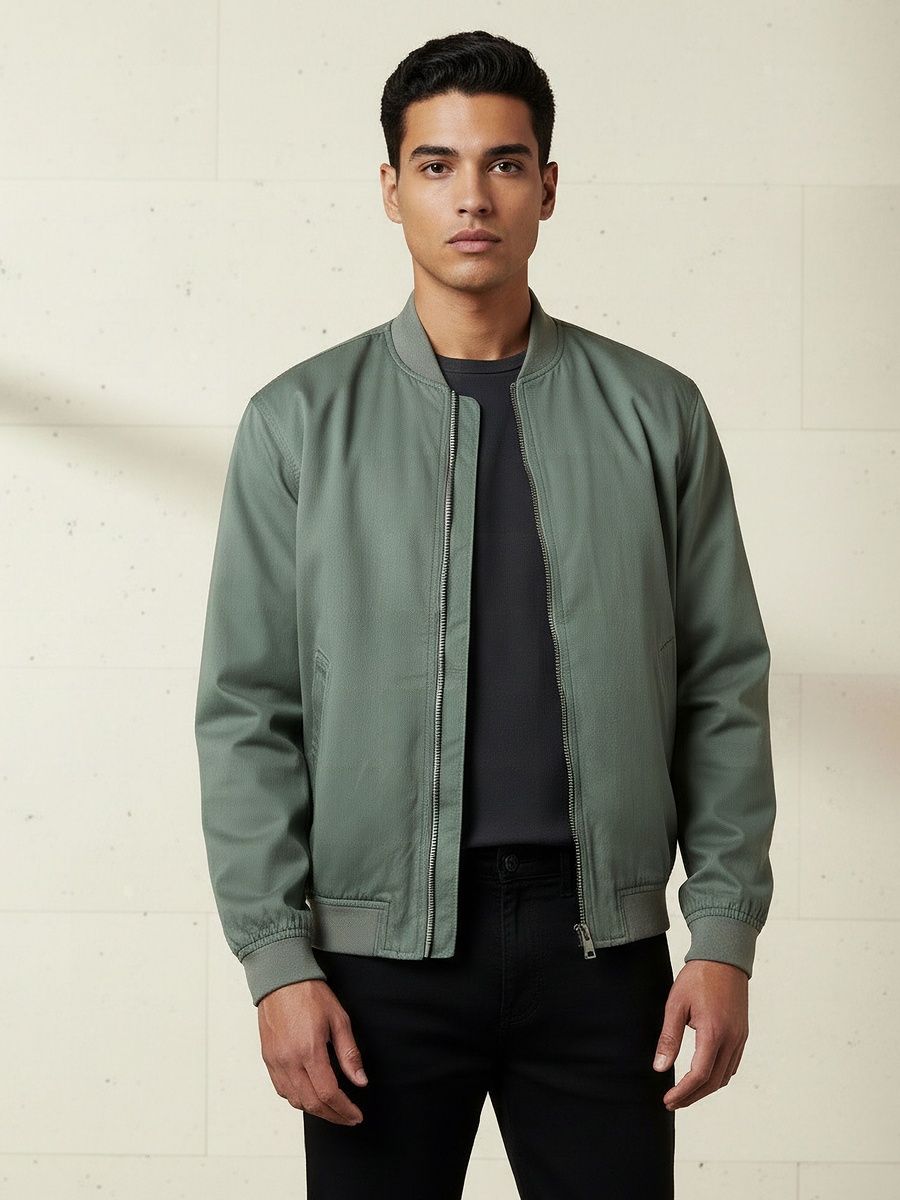 Men Regular Fit Twill Bomber Jacket