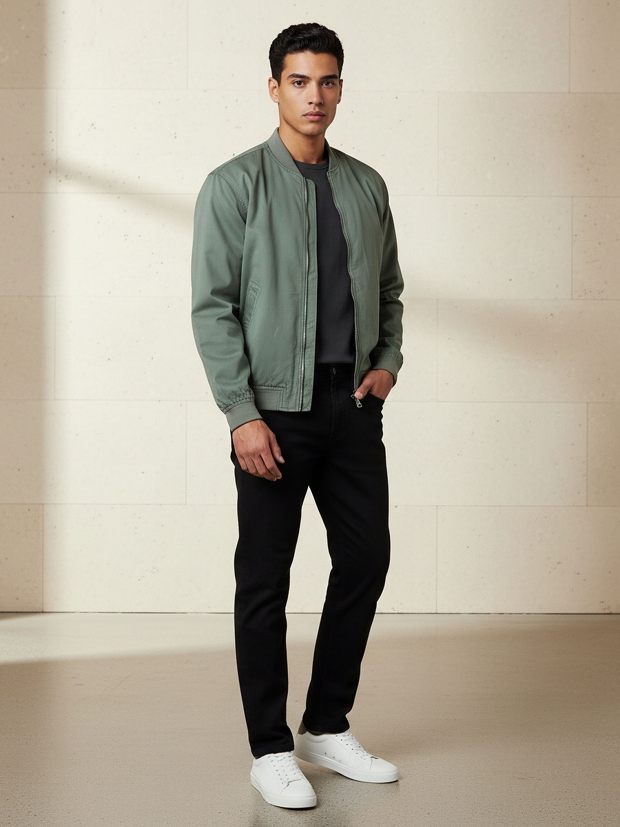 Men Regular Fit Twill Bomber Jacket