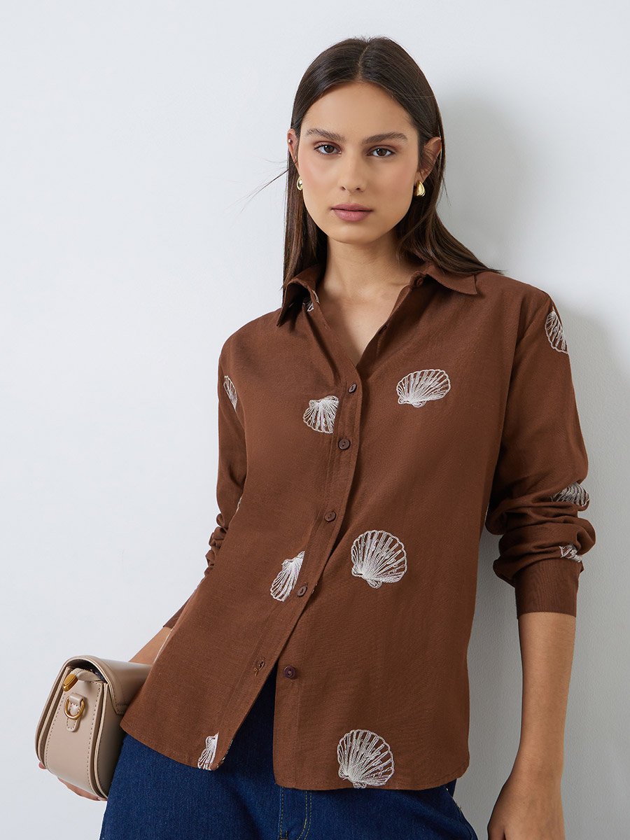 Brown Shell Embroidered Relaxed Fit Shirt