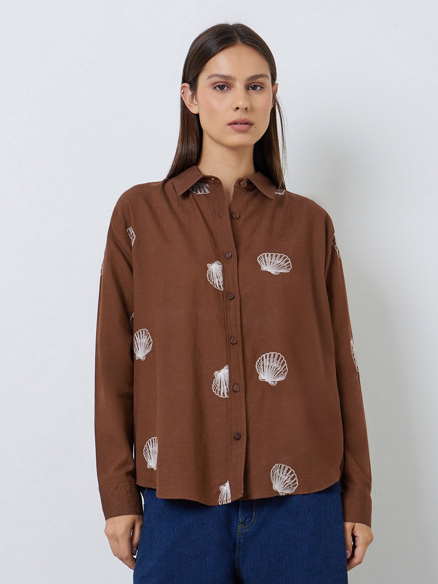 Brown Shell Embroidered Relaxed Fit Shirt