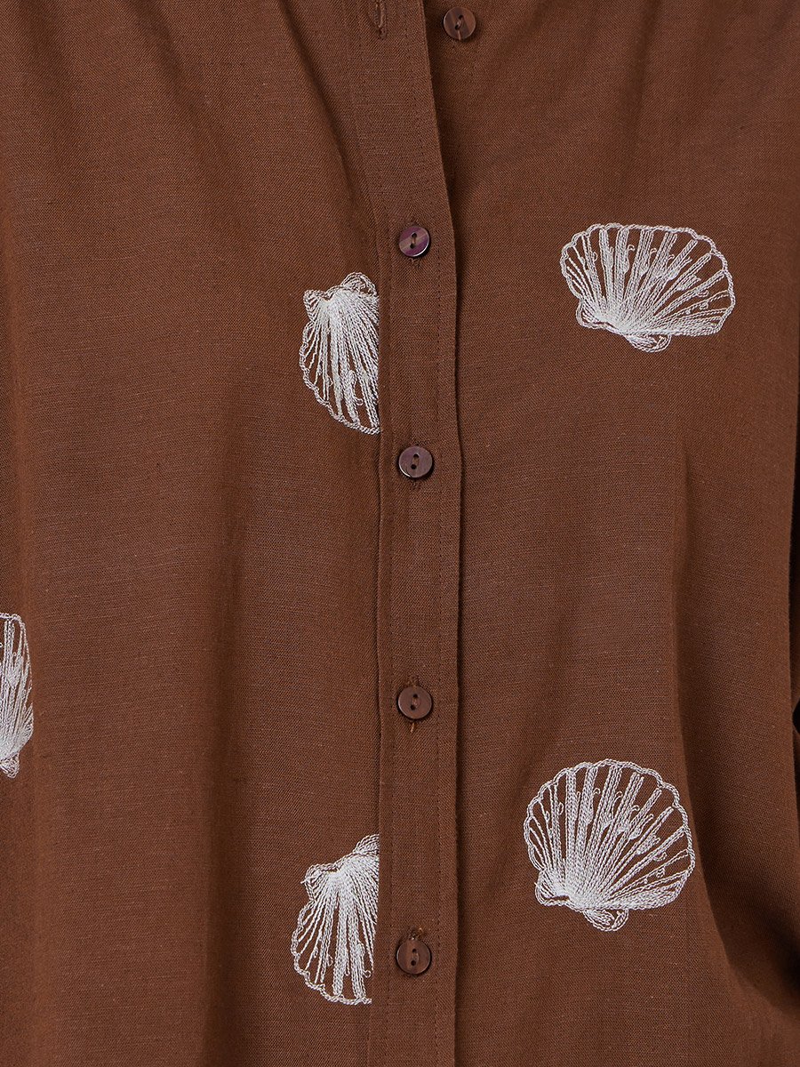 Brown Shell Embroidered Relaxed Fit Shirt