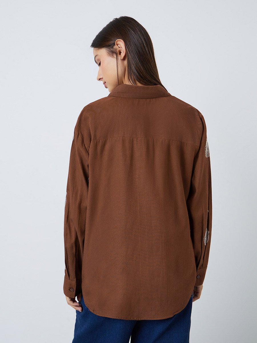 Brown Shell Embroidered Relaxed Fit Shirt