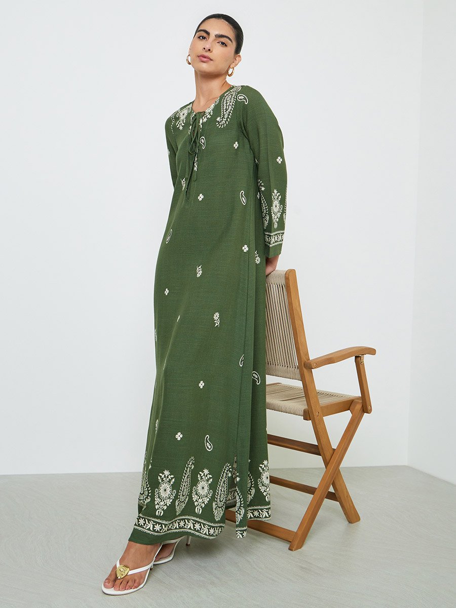 Olive Placement Print A-Line Jalabiya