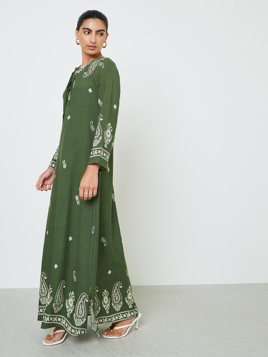 Olive Placement Print A-Line Jalabiya