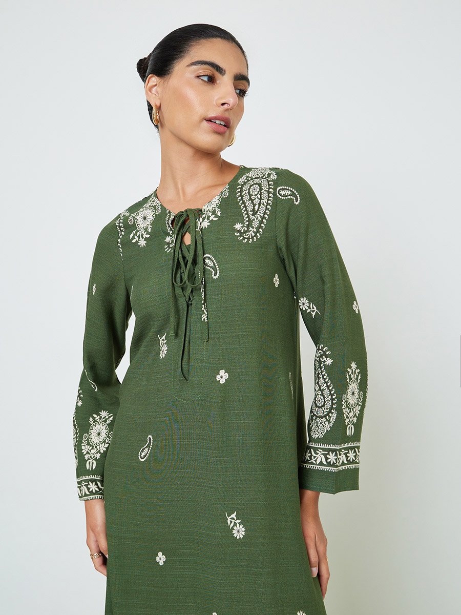 Olive Placement Print A-Line Jalabiya