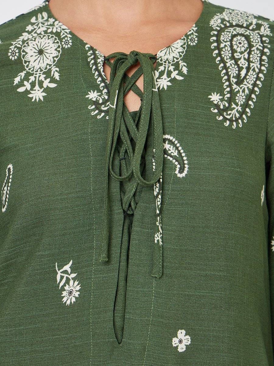 Olive Placement Print A-Line Jalabiya