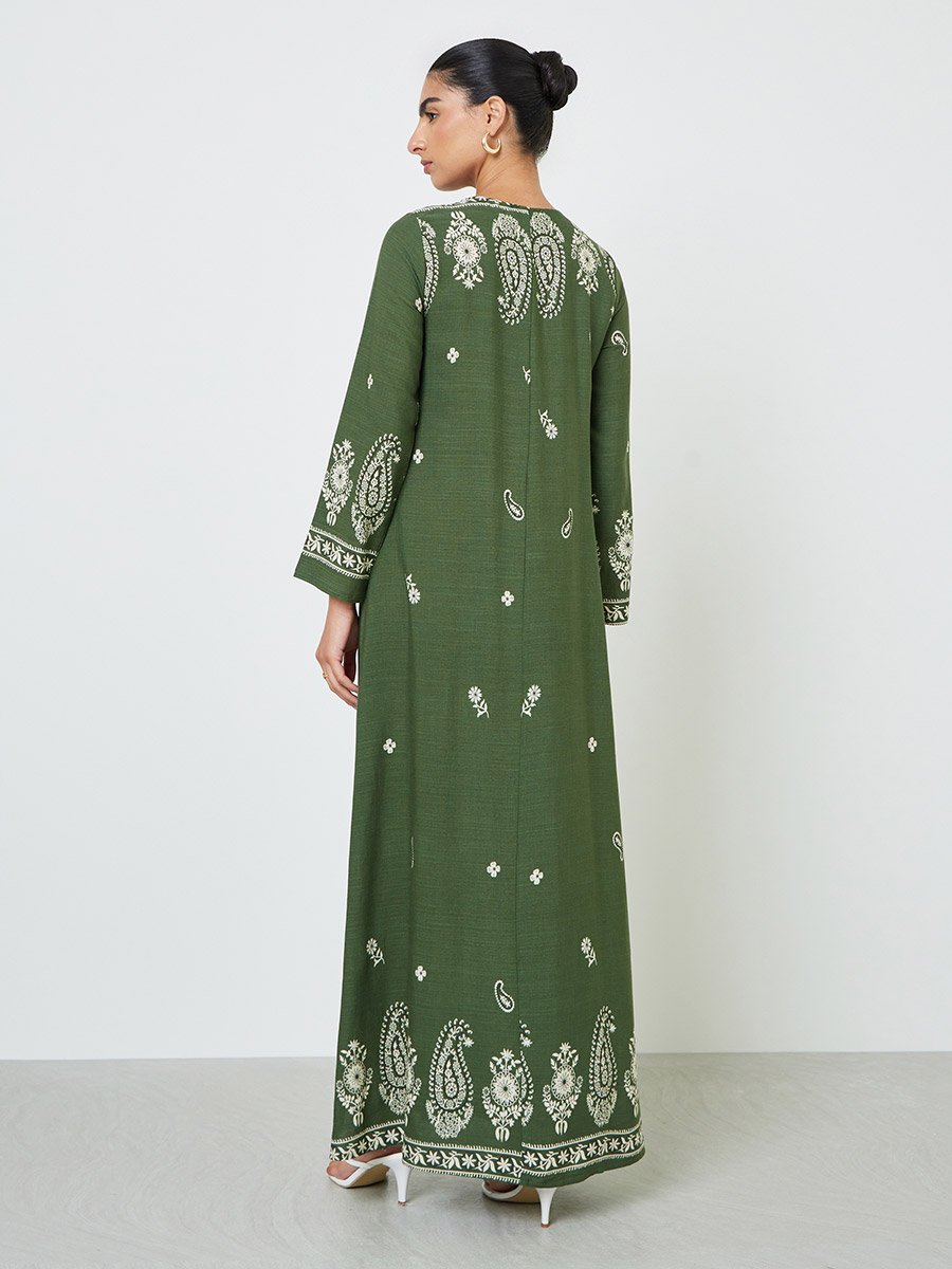 Olive Placement Print A-Line Jalabiya