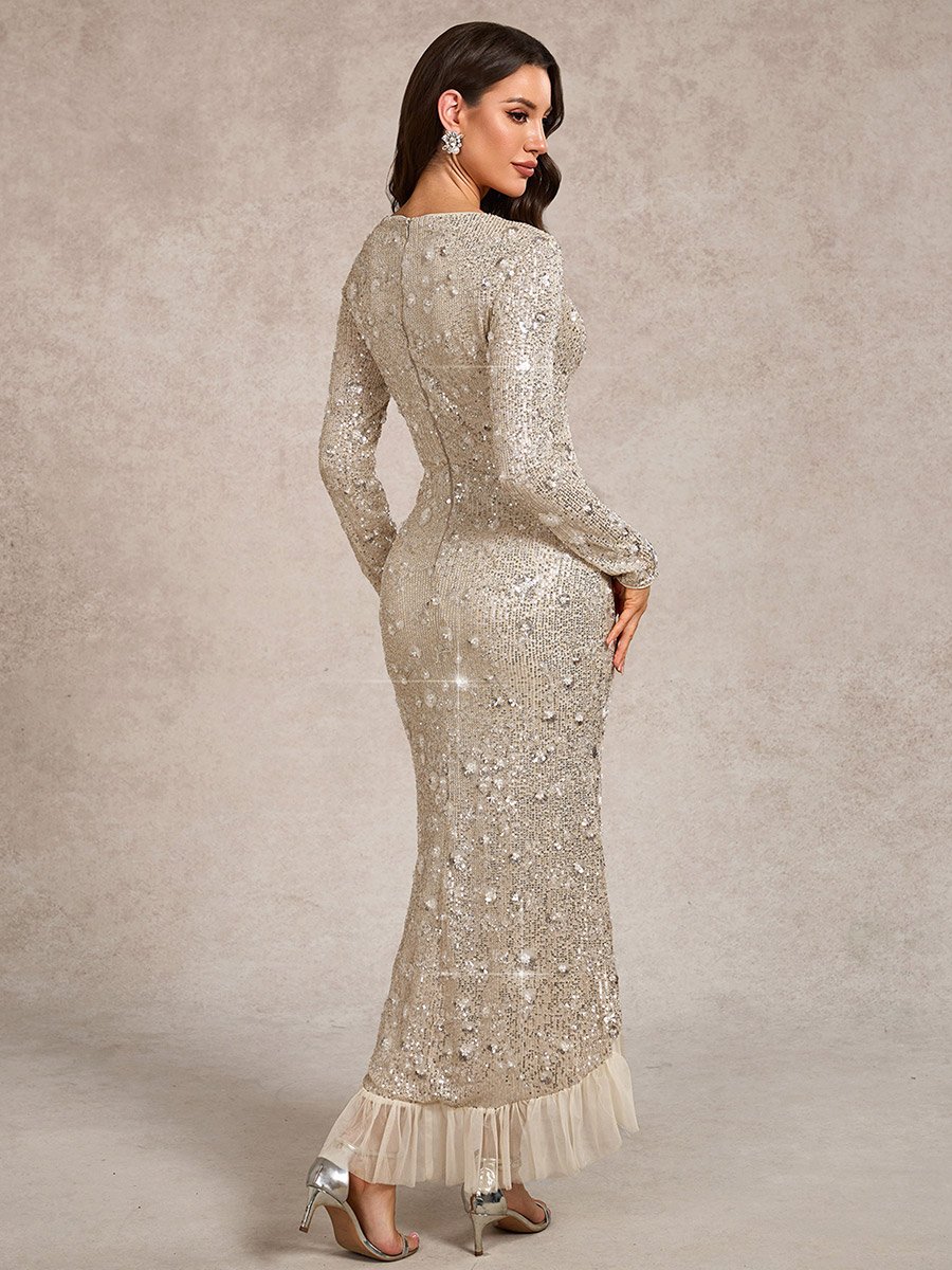 Beige Embellished Asymmetric Mesh Hem Bodycon Maxi Dress