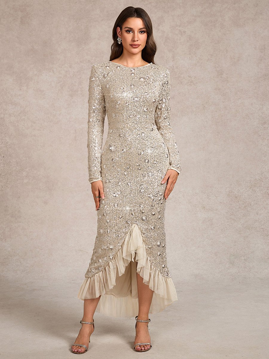Beige Embellished Asymmetric Mesh Hem Bodycon Maxi Dress
