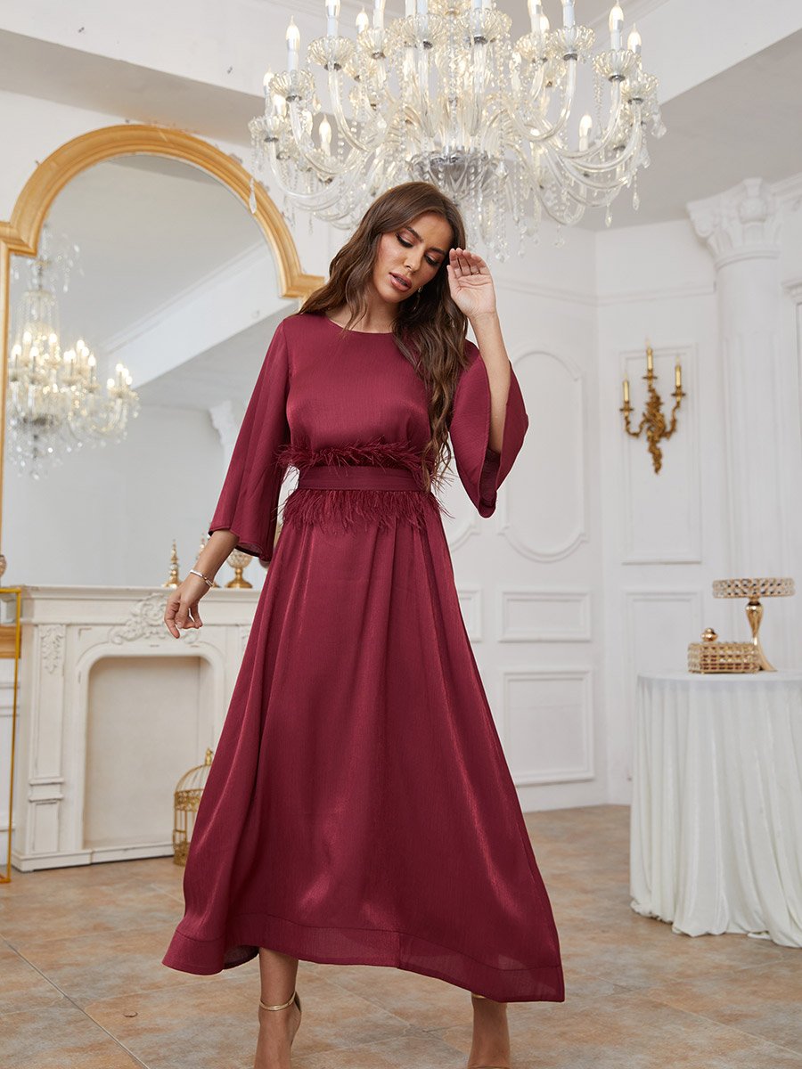 burgundy dress with bell sleeves Long Bell Sleeve Beaded Evening Gown 9713 Burgundy / 4 main image 1
