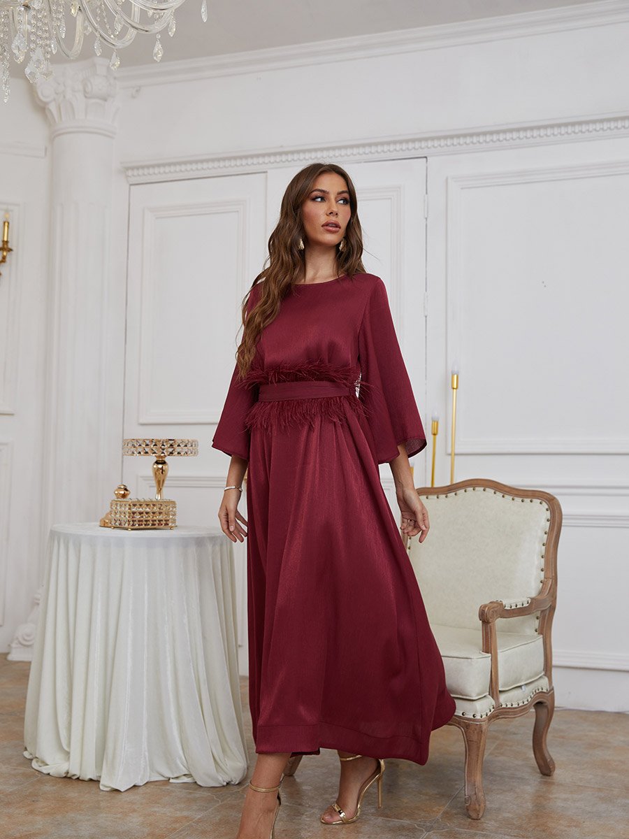 burgundy bell sleeve dress Faux Feather Detail A-Line Maxi For Women at Saudi dark sophistication.