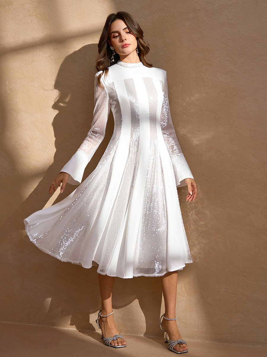 White Sequined Embellished Long Sleeves A-Line Midi Dress For Women at  Bahrain | Styli