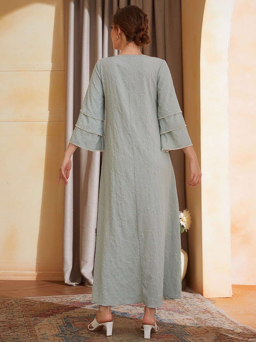 Green Embroidered Layered Sleeve A-Line Maxi Dress with Faux Pearl Detail