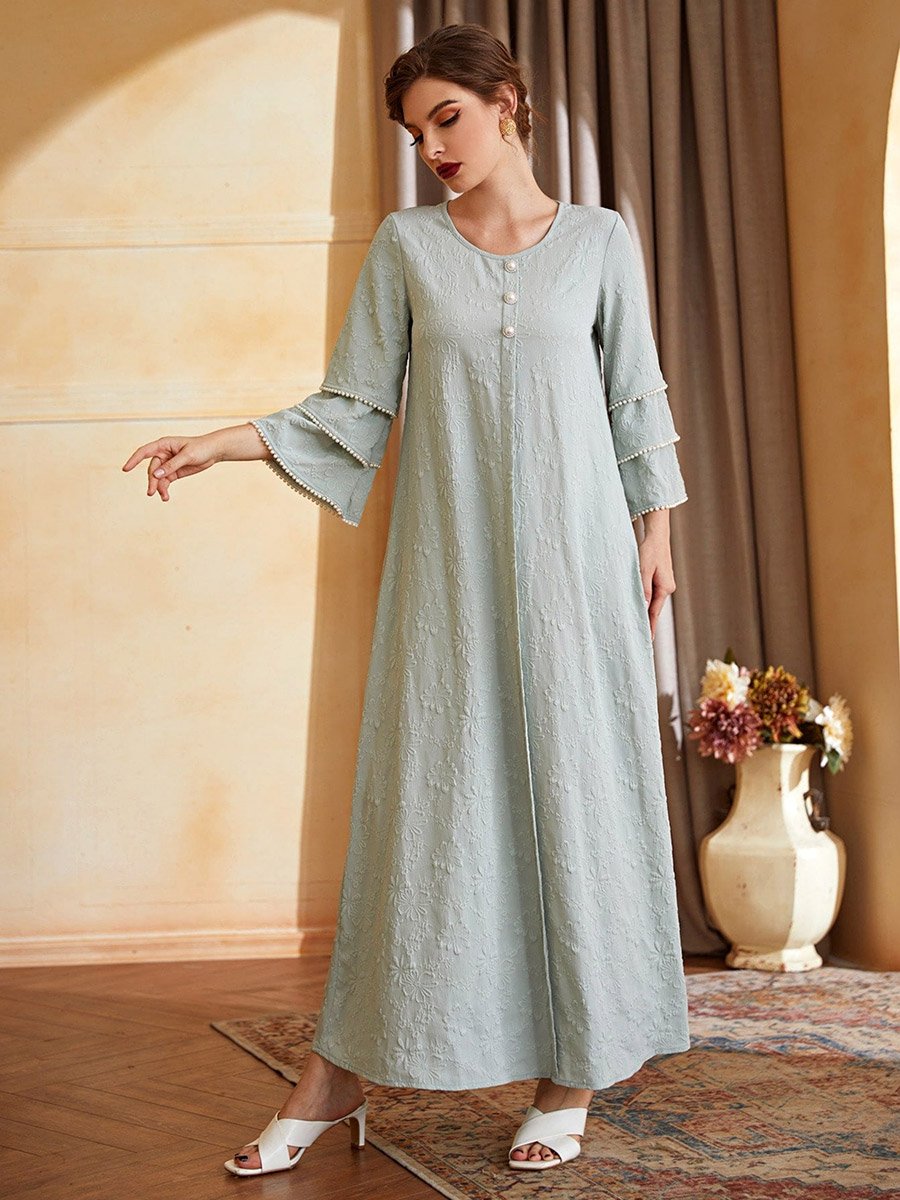 Green Embroidered Layered Sleeve A-Line Maxi Dress with Faux Pearl Detail