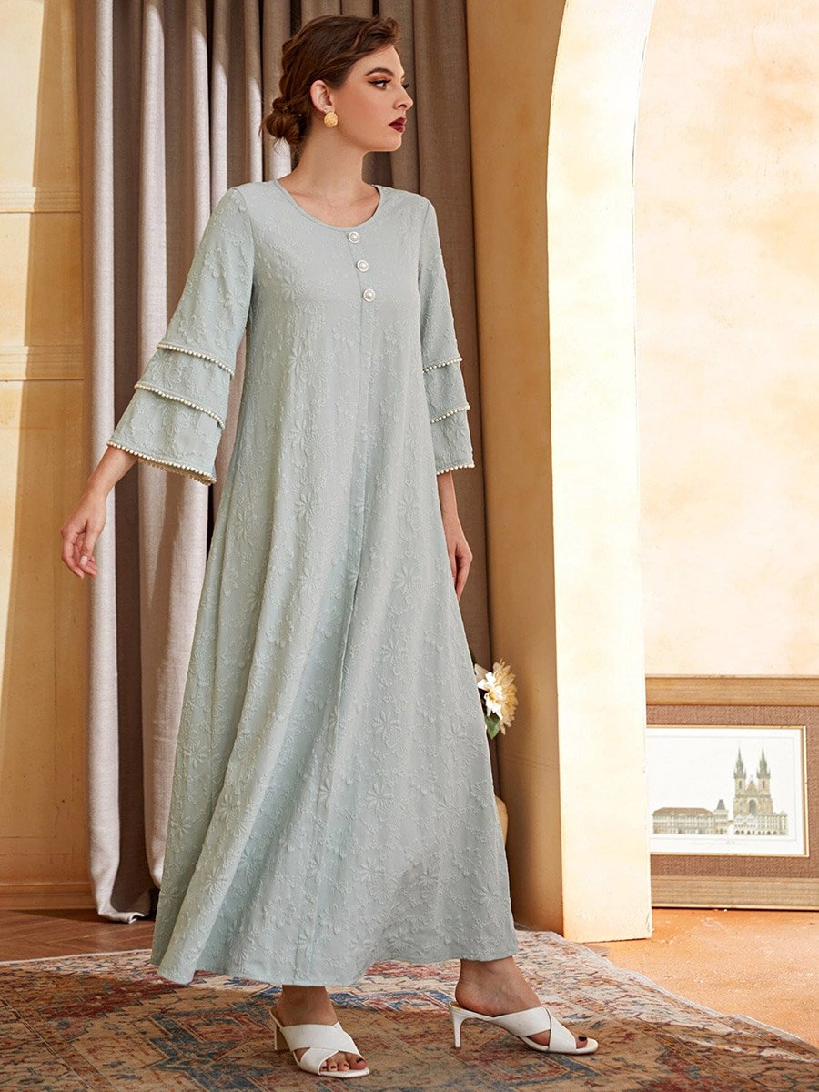 Green Embroidered Layered Sleeve A-Line Maxi Dress with Faux Pearl Detail
