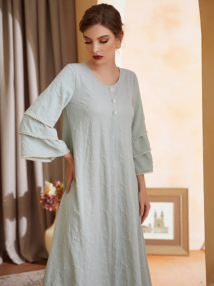 Green Embroidered Layered Sleeve A-Line Maxi Dress with Faux Pearl Detail