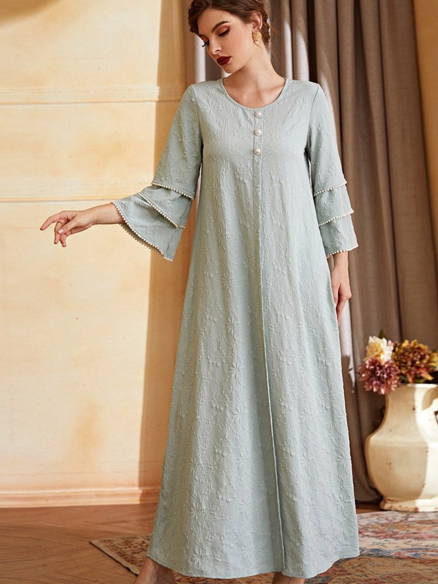 Green Embroidered Layered Sleeve A-Line Maxi Dress with Faux Pearl Detail