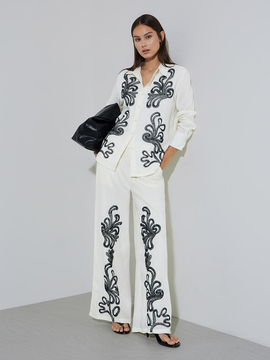 Off White Embroidered Long Sleeves Shirt and Wide Leg Trousers Set