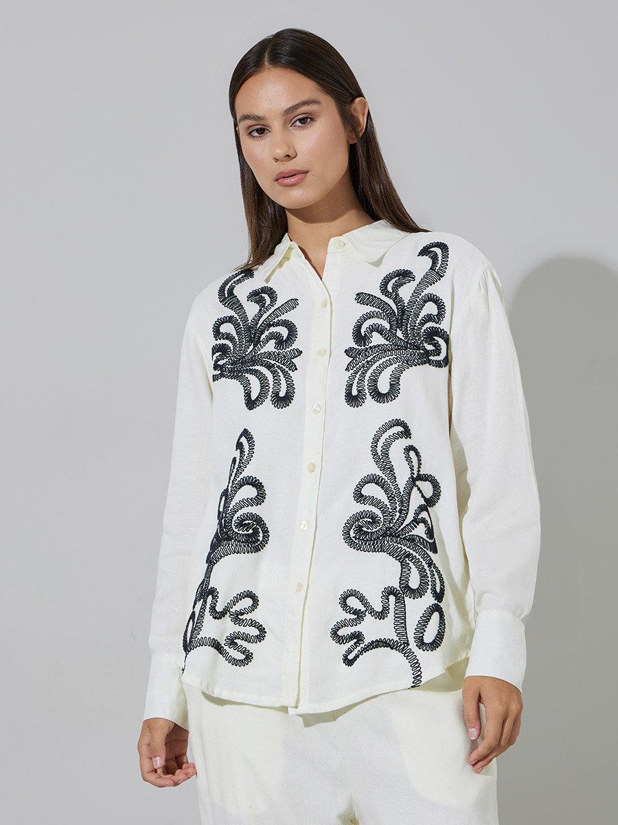 Off White Embroidered Long Sleeves Shirt and Wide Leg Trousers Set