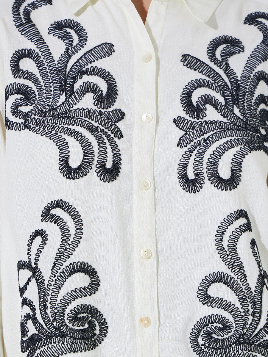 Off White Embroidered Long Sleeves Shirt and Wide Leg Trousers Set