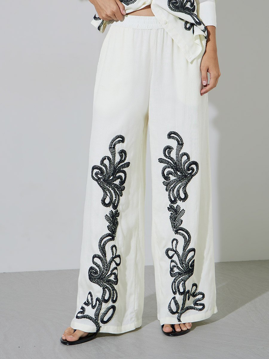 Off White Embroidered Long Sleeves Shirt and Wide Leg Trousers Set