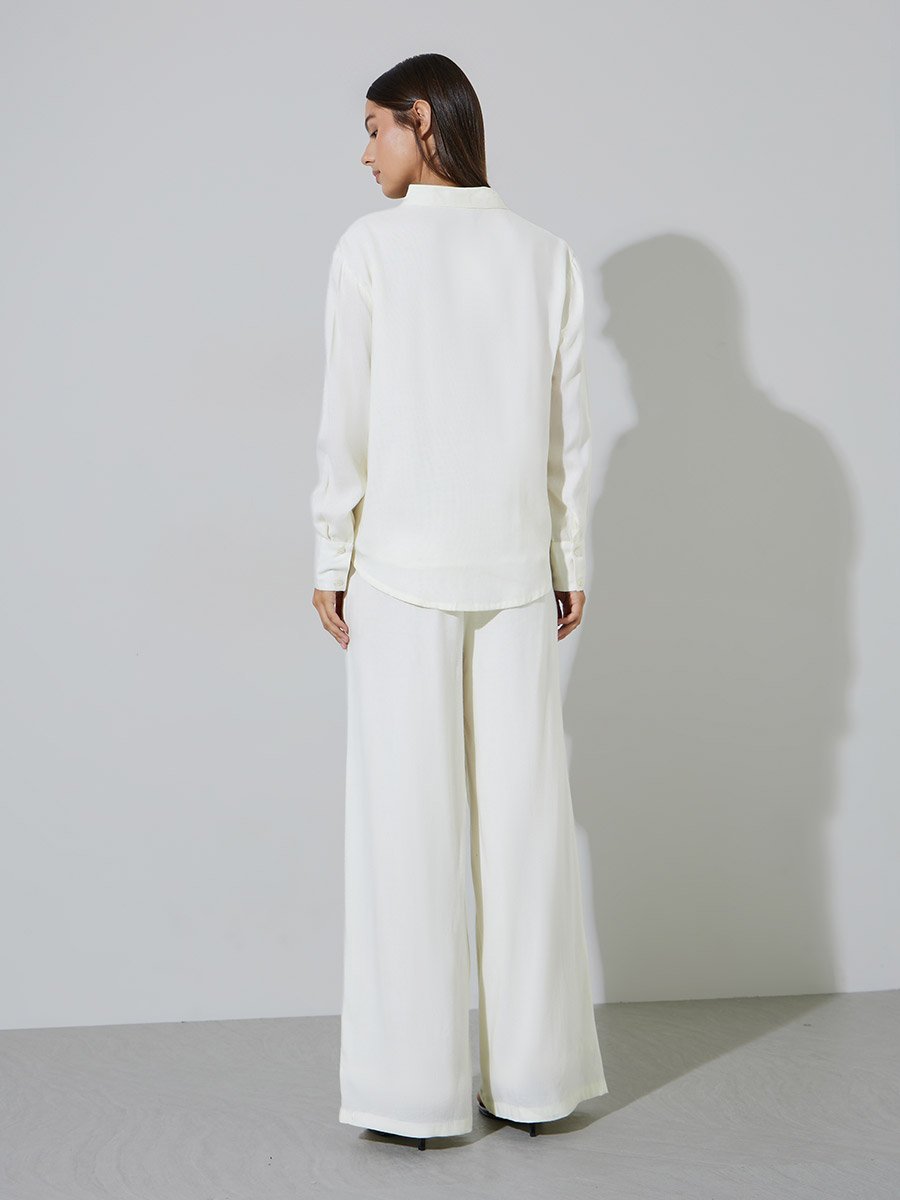 Off White Embroidered Long Sleeves Shirt and Wide Leg Trousers Set