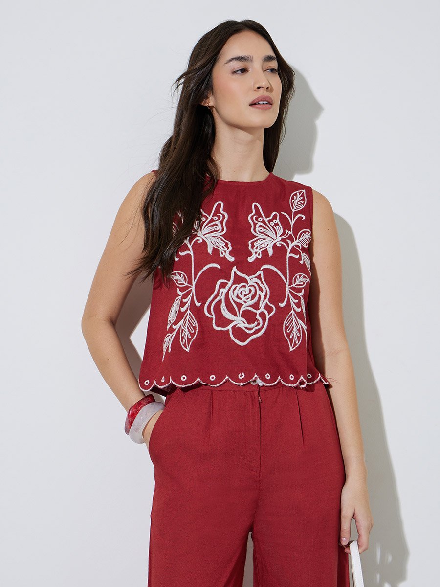 Red Embroidered Top and Wide-Leg Trousers Set