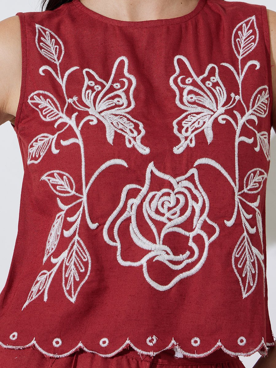 Red Embroidered Top and Wide-Leg Trousers Set
