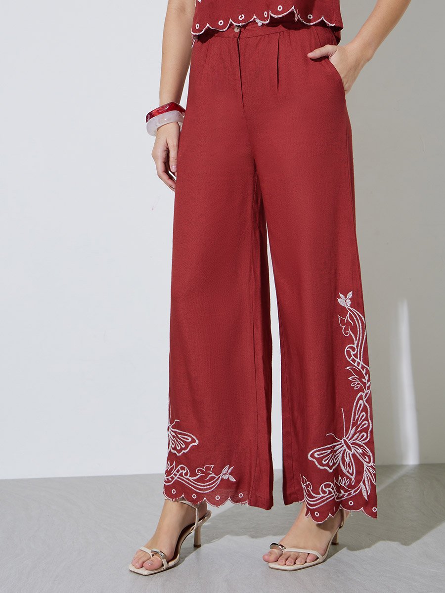 Red Embroidered Top and Wide-Leg Trousers Set