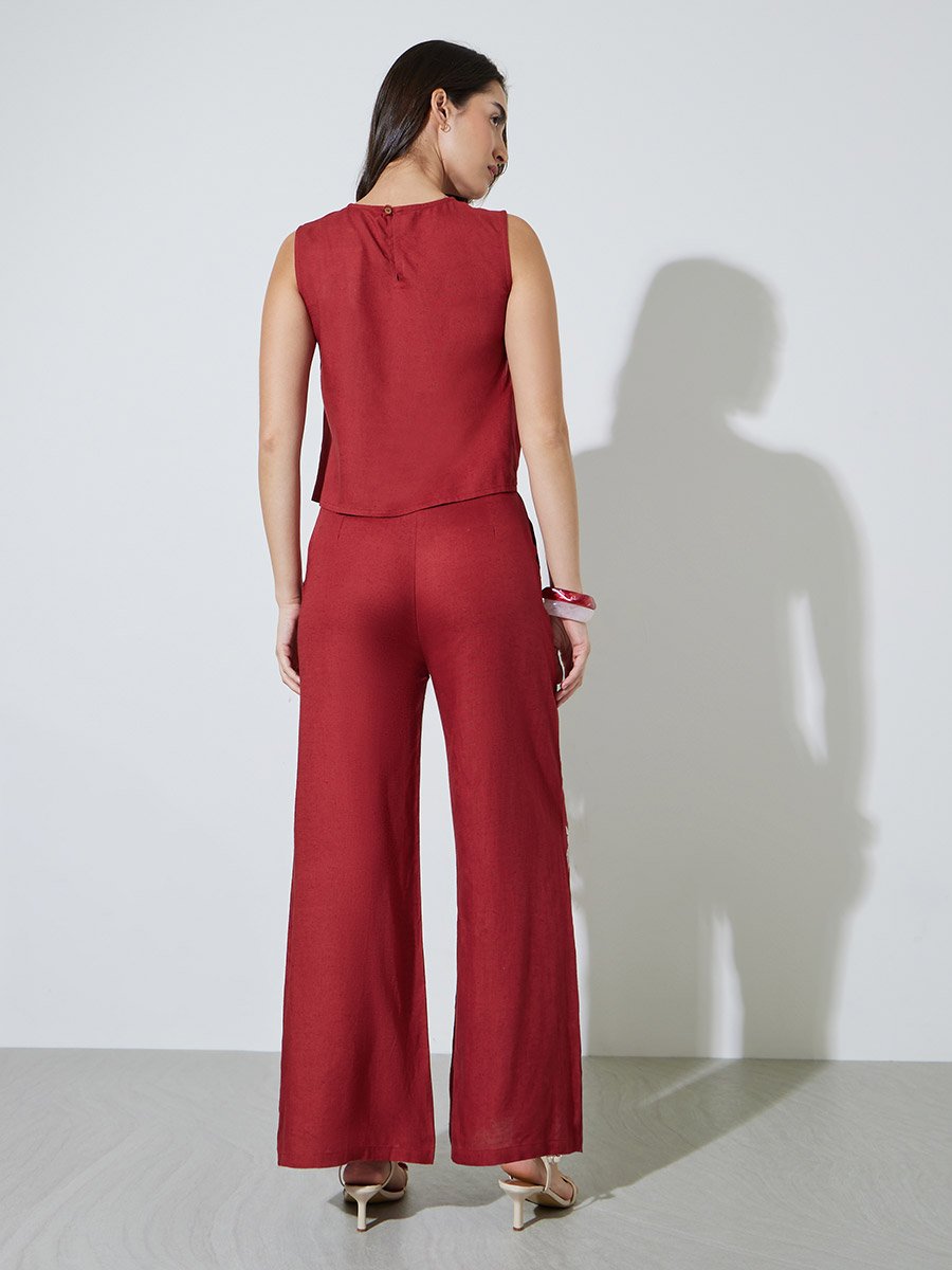 Red Embroidered Top and Wide-Leg Trousers Set