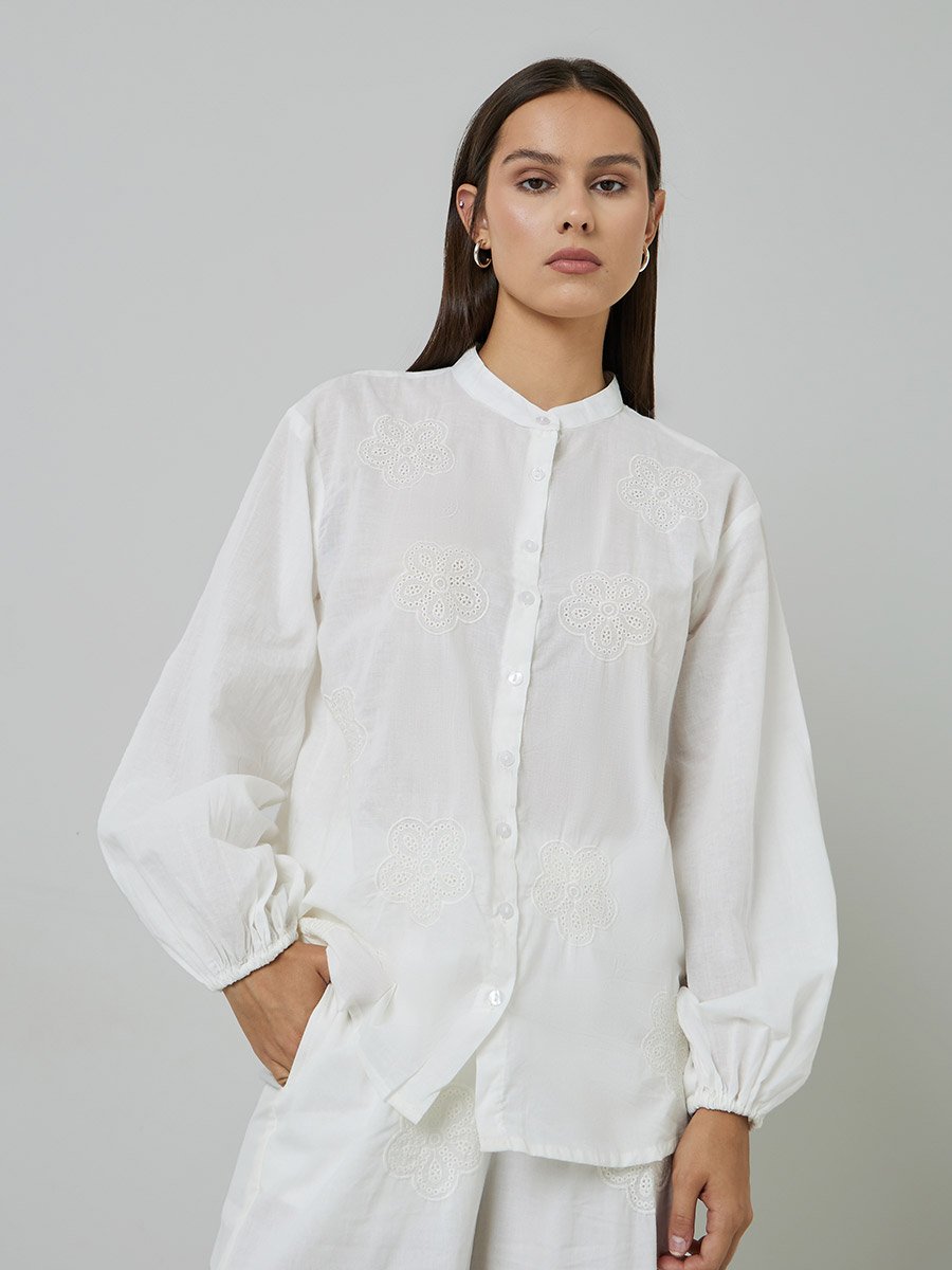 Off White Schiffli Shirt and Wide Leg Pants Co-ord Set