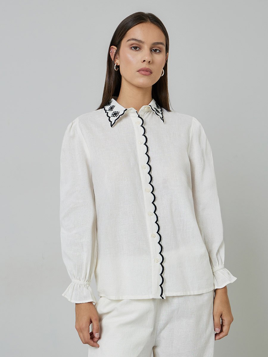Off White Embroidered Shirt and Straight Leg Trousers Set