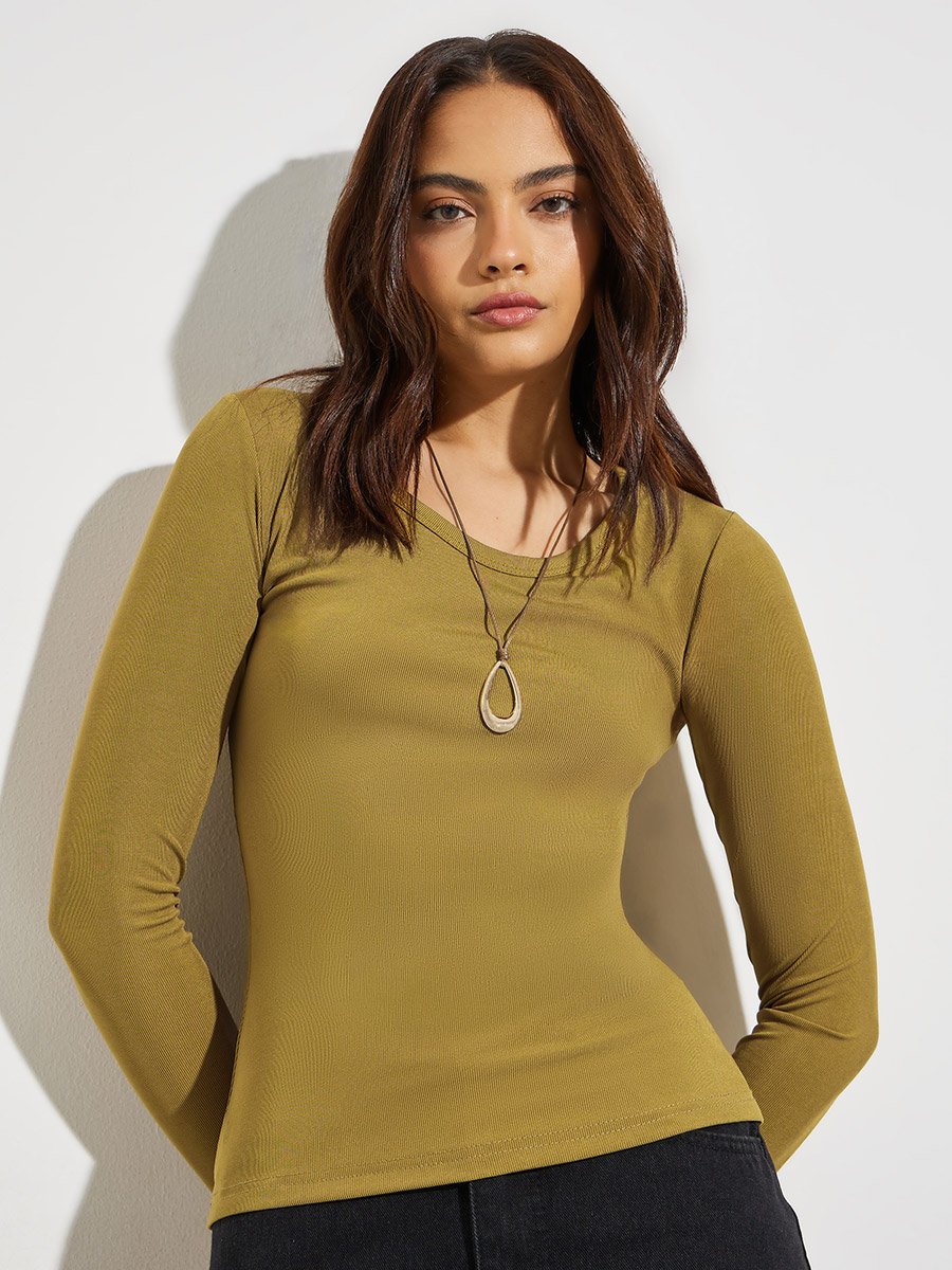 Olive Round Neck Ribbed Knit Top
