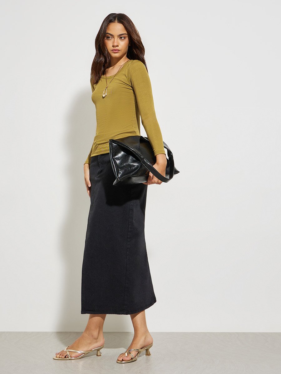 Olive Round Neck Ribbed Knit Top