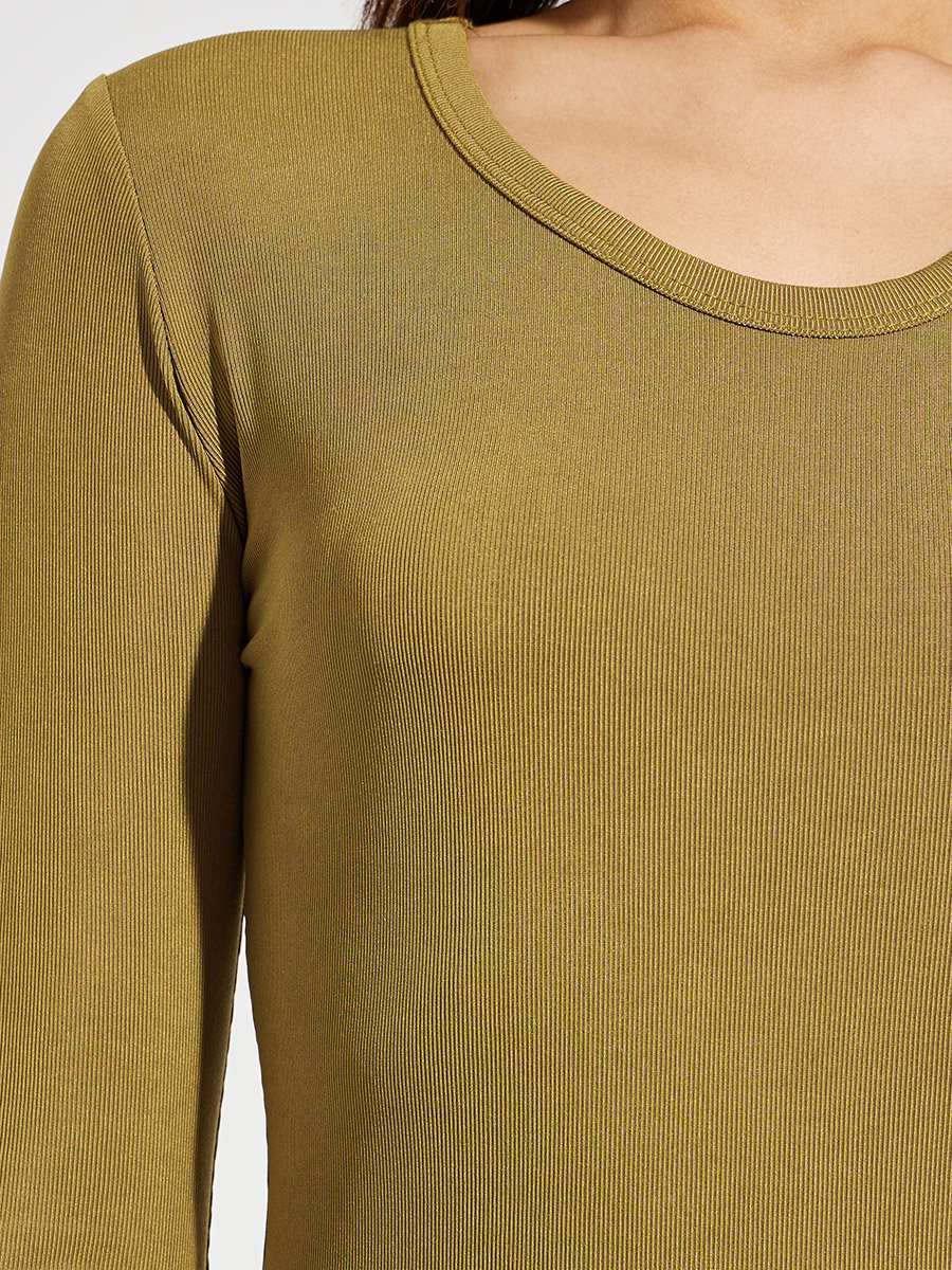 Olive Round Neck Ribbed Knit Top