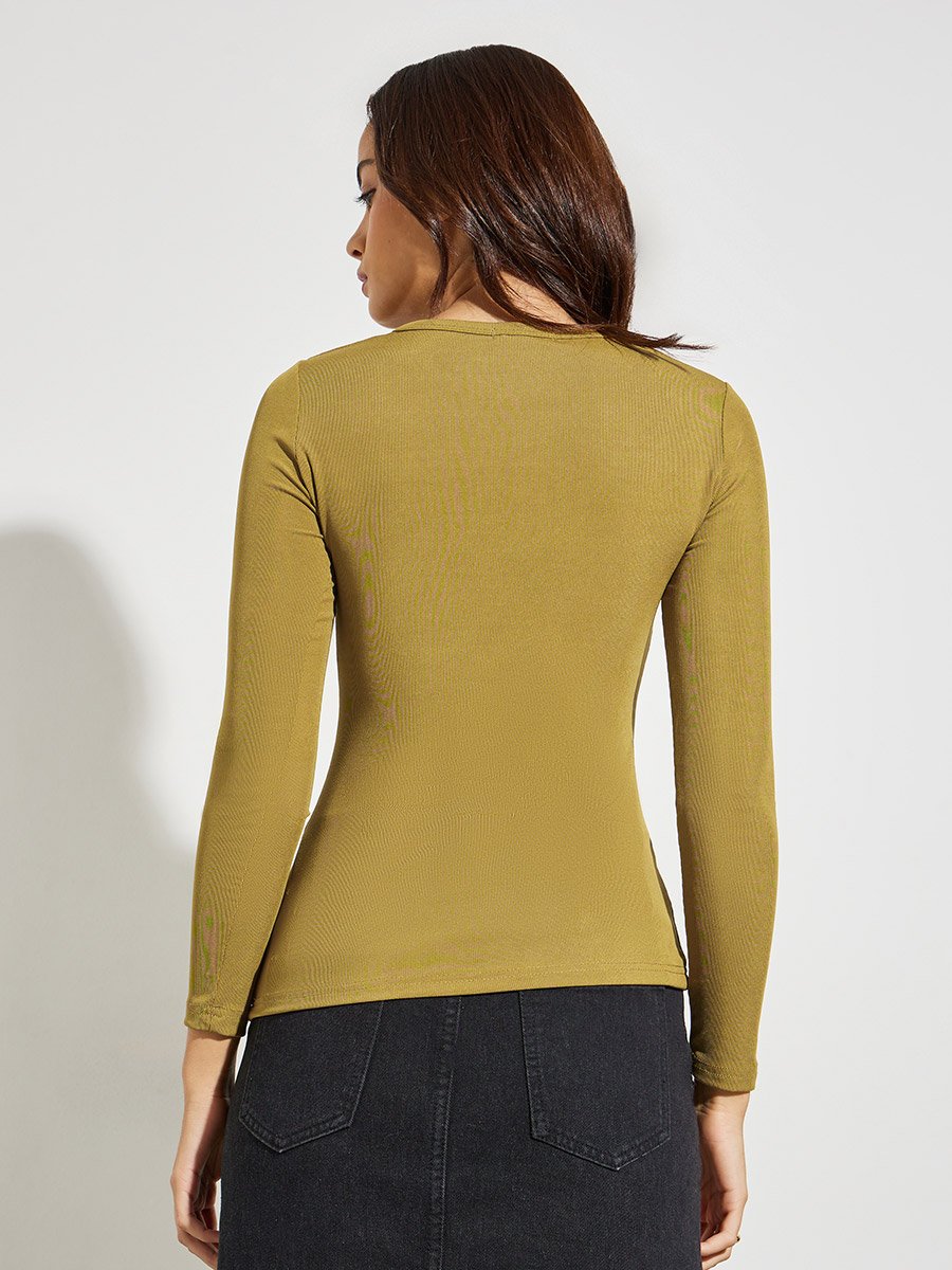 Olive Round Neck Ribbed Knit Top